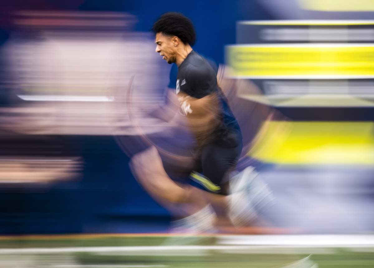 Shai Ross of Winnipeg, Manitoba, takes part in on field tests during the CFL combine in Toronto, Sunday March 24, 2019.
