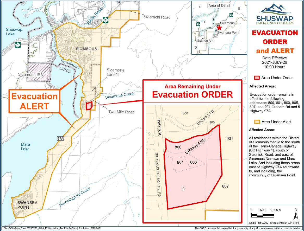 An evacuation order was mostly rescinded for the District of Sicamous on Monday, July 26, 2021. Residents will remain under an evacuation alert due to the Two Mile Road wildfire. 