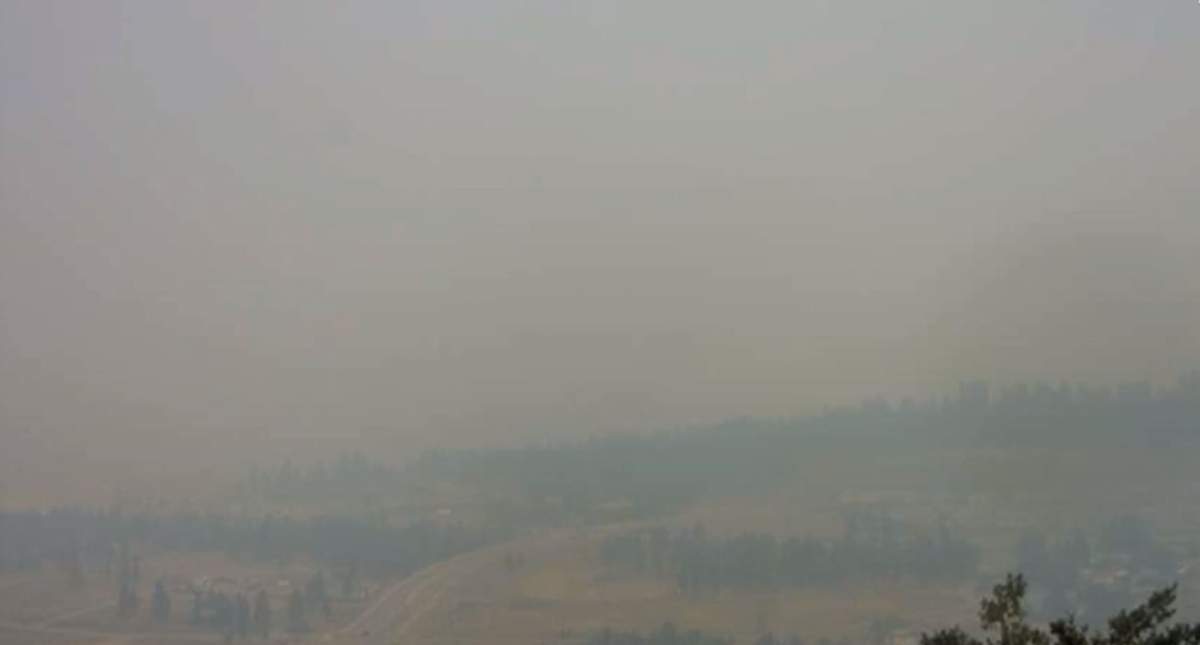 A smoky view of West Kelowna that normally includes Okanagan Lake, which can’t be seen because of wildfire smoke.