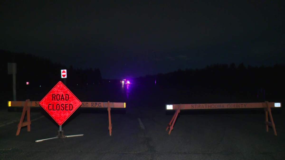 RCMP investigate a fatal collision involving a pedestrian on Wye Road east of Sherwood Park, Sunday, July 4, 2021. 