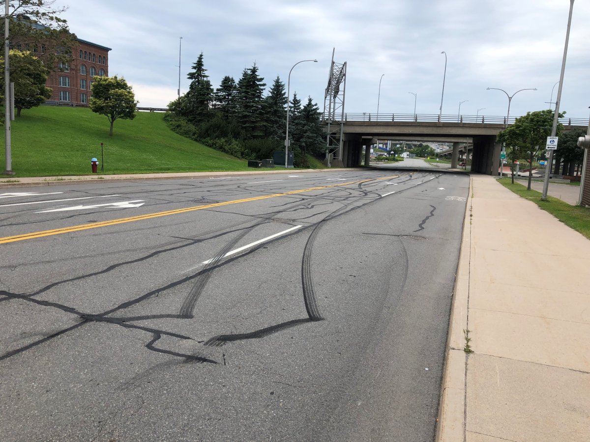 Tire marks left on Station St. near TD Station in Saint John, N.B., on July 18, 2021. Police are investigating reports of stunt driving in the area.
