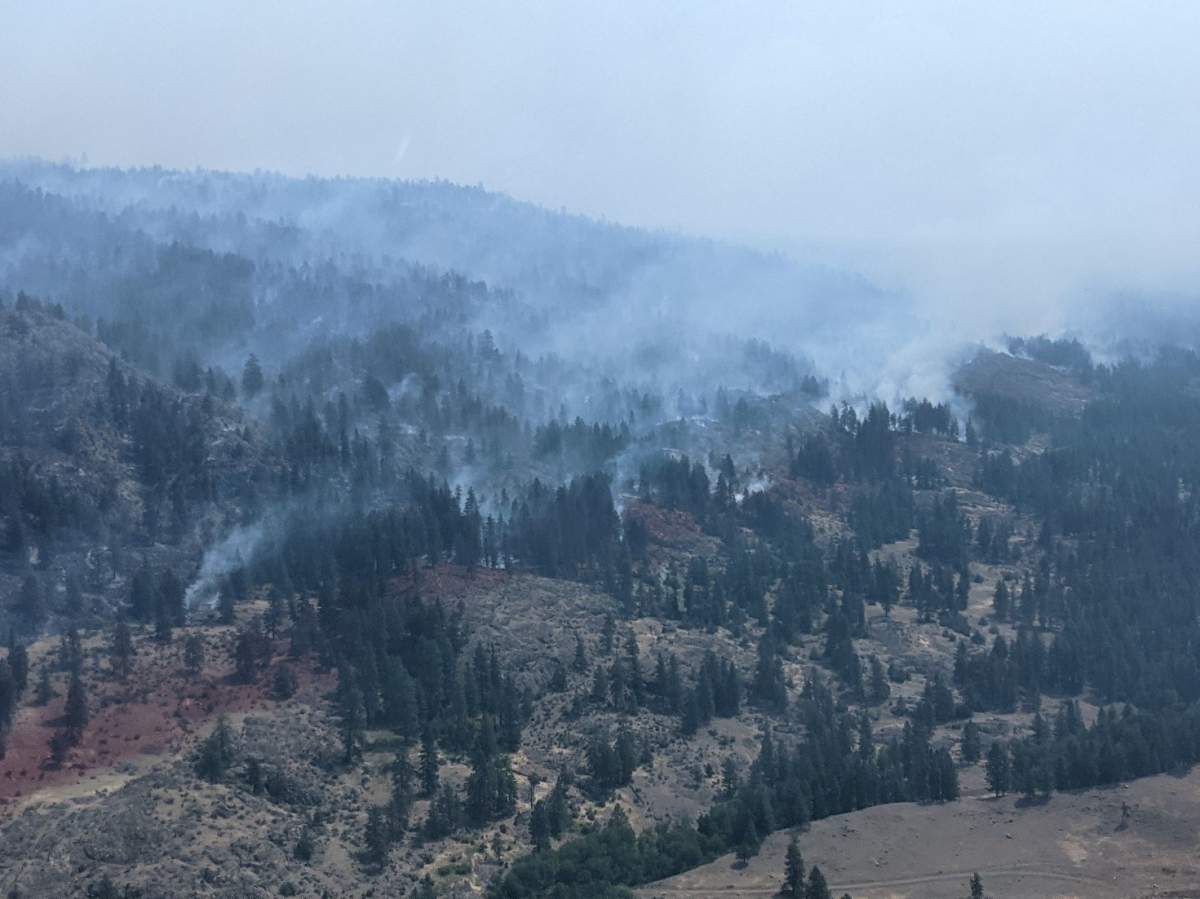 An aerial view of the Thomas Creek wildfire on July 12. BC Wildfire listed the Thomas Creek wildfire at 5,500 hectares on Friday, with the Brenda Creek wildfire at 400 hectares.