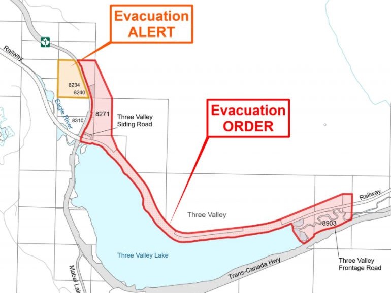 A map showing the evacuation order for the Three Valley Lake fire that’s around 18 kilometres southwest of Revelstoke, B.C.