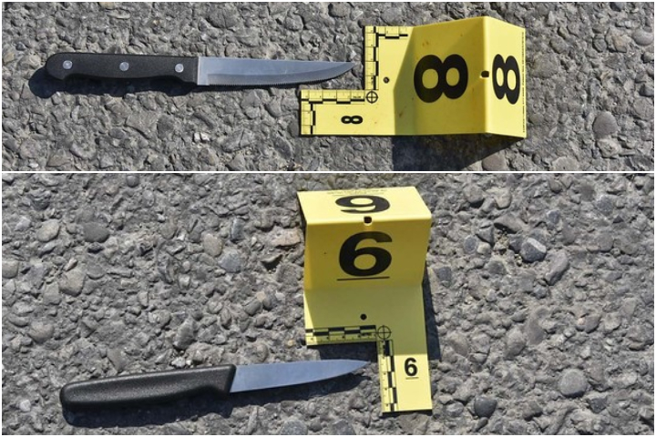 The two knives used by a man during a confrontation with Calgary police in 2018.