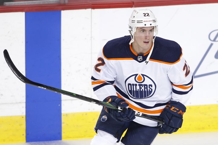 NHL profile photo on Edmonton Oilers player Tyson Barrie at a game against the Calgary Flames in Calgary, Alta. on Feb. 6, 2021.