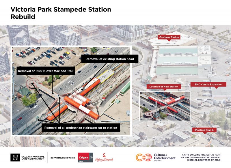 A rendering of The Victoria Park/Stampede LRT station overhaul and 17th Avenue SE extension.