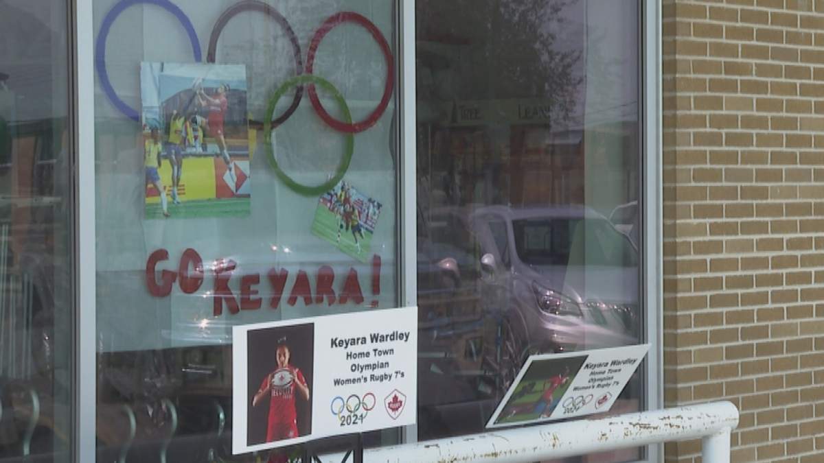 A shop in Vulcan, Alta. shows support for local athlete Keyara Wardley.