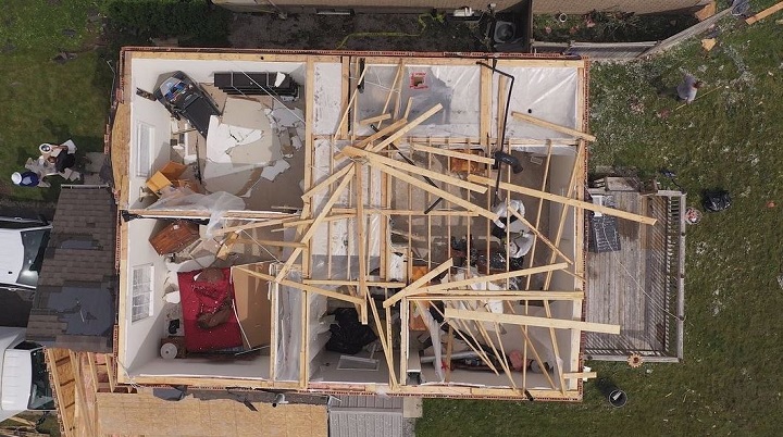 The aftermath of a house destroyed by a tornado that touched down in Barrie on July 15, 2021.