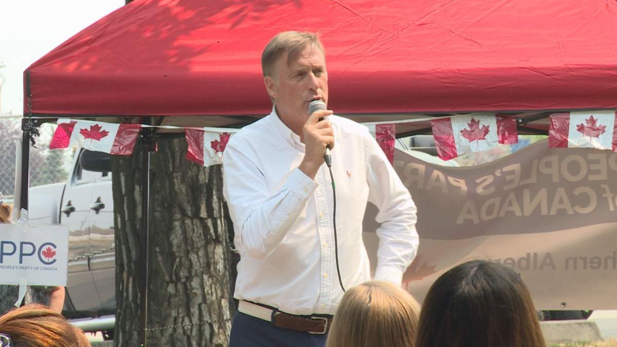Maxime Bernier, leader of the People's Party of Canada, speaks to a large crowd in Lethbridge on Sunday, July 25, 2021.