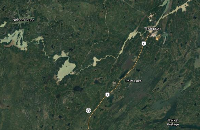 A screenshot taken from Google Maps shows approximately where a pair of stranded boaters were found by Mounties southwest of Thompson, Manitoba.