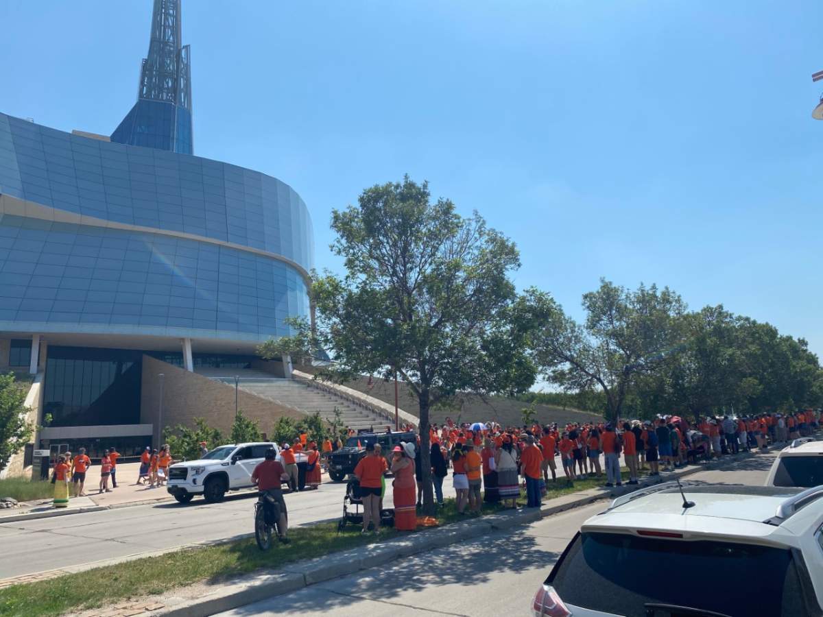 Participants gather outside the Canadian Museum for Human Rights in preparation for a memorial walk.