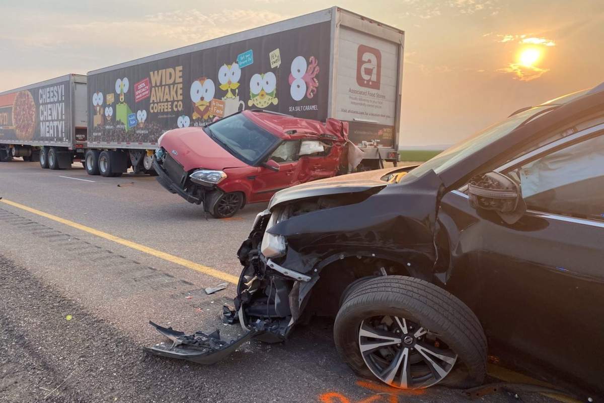 Two damaged vehicles are shown after a major crash on Interstate 15 near Kanosh, Utah on July 25, 2021.