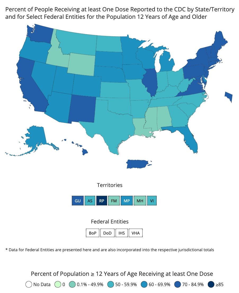 A state-by-state breakdown of vaccination rates among the eligible population (aged 12 and up) in the United States as of July 16, 2021. Alaska, Hawaii, the District of Columbia and Puerto Rico are shown detached from the mainland U.S.