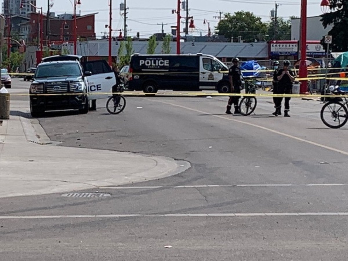 Edmonton police are looking for four suspects in what officers say was a targeted shooting in the area of 99 Street and 106 Avenue Tuesday, July 27, 2021.