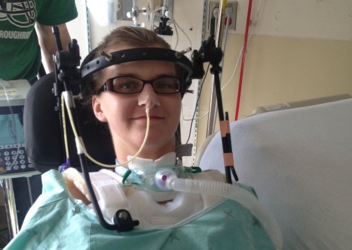 Niki Ens at Royal University Hospital in Saskatoon after the crash in 2014.