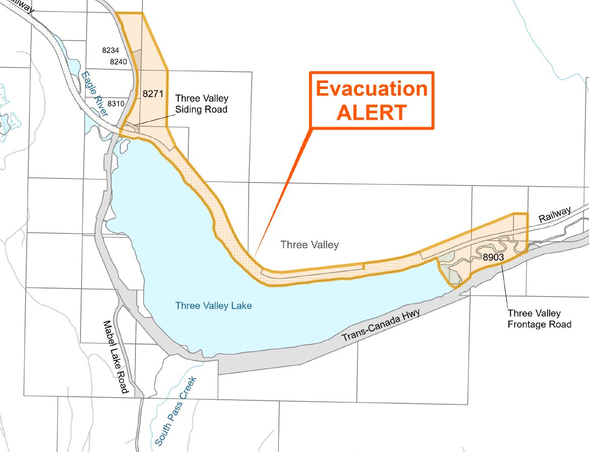 An evacuation alert has been issued by the Columbia Shuswap Regional District for the Three Valley Lake area as a wildfire threatens people and property.