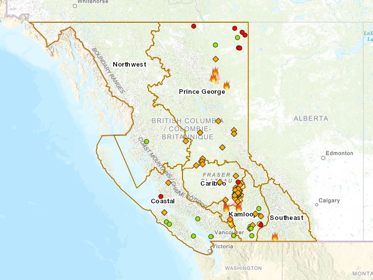 B.C.’s wildfire service dashboard shows dozens of new fire starts in the Thompson-Nicola and Cariboo regions of B.C. on Thursday, July 1, 2021.