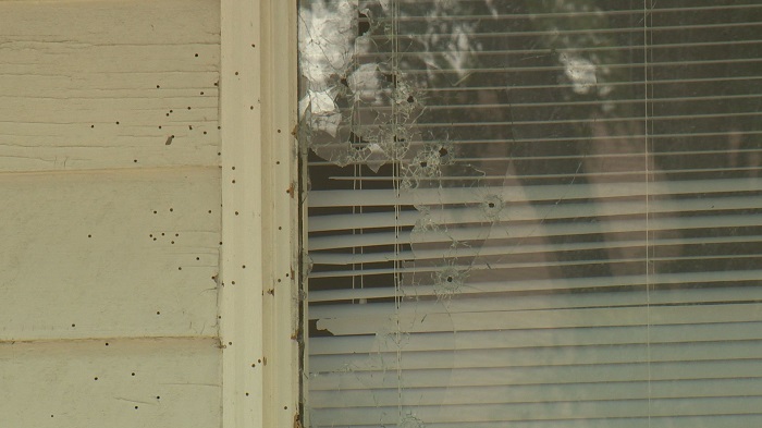 An image of one of the windows that was shot at on the 400 block of Froom Crescent in Regina.