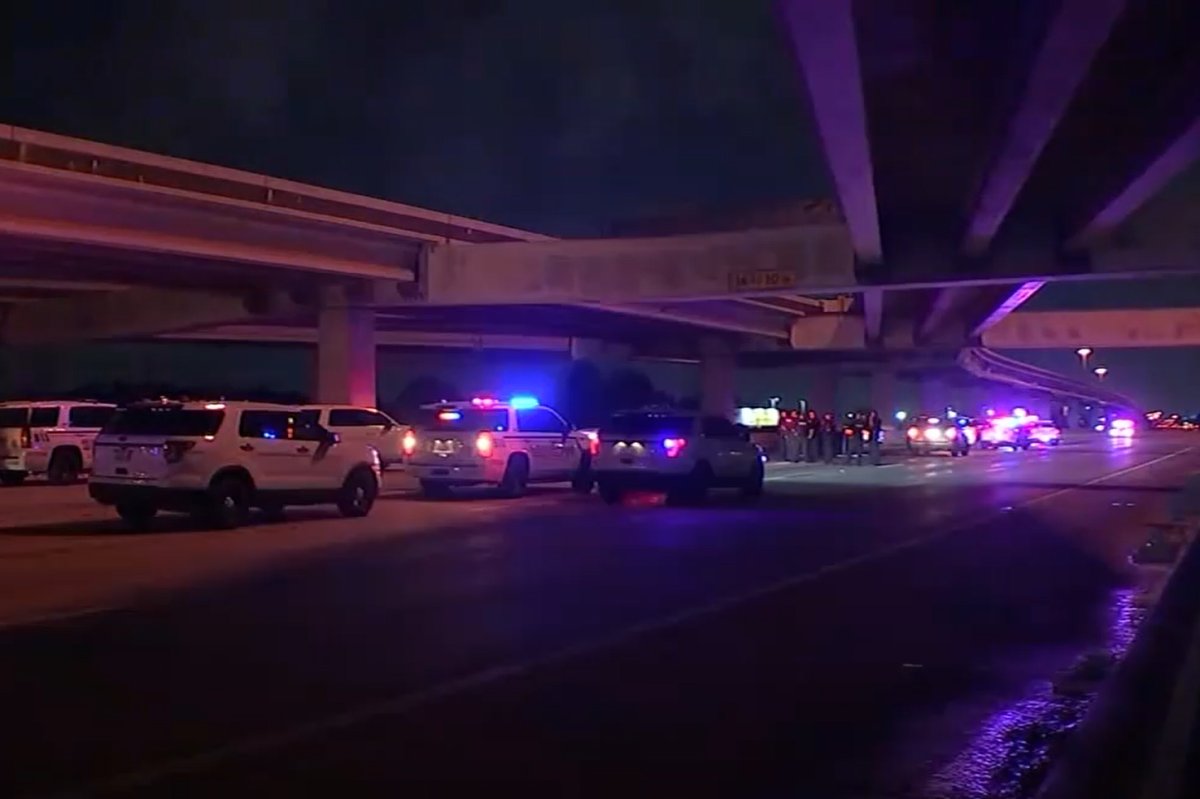 Police are shown at the scene of a hit-and-run death on the I-45 highway in Harris County, Texas on July 5, 2021.