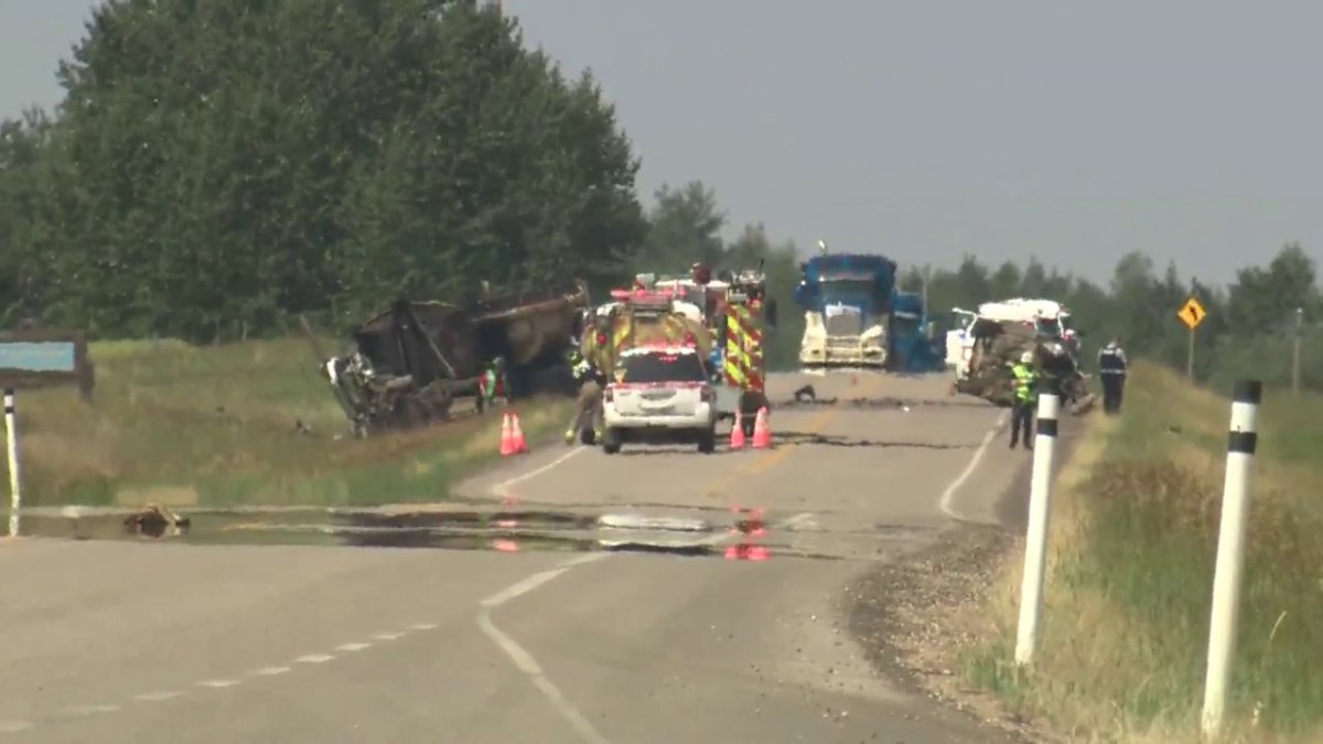 RCMP investigate a fatal collision on Highway 38 northeast of Edmonton Friday, July 9, 2021.