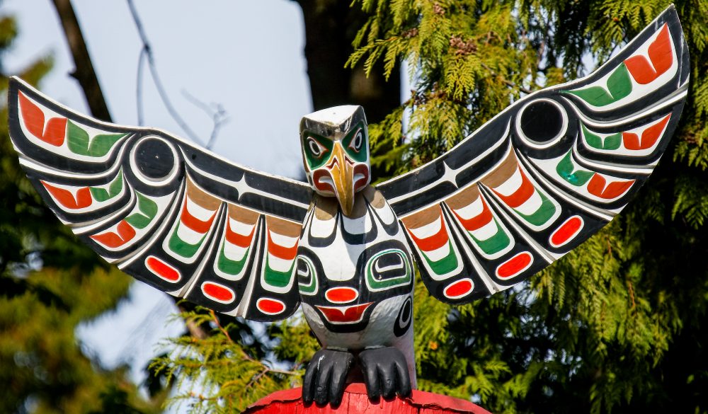 First Nations totem poles representing craftsmanship and unique culture of Indigenous people.