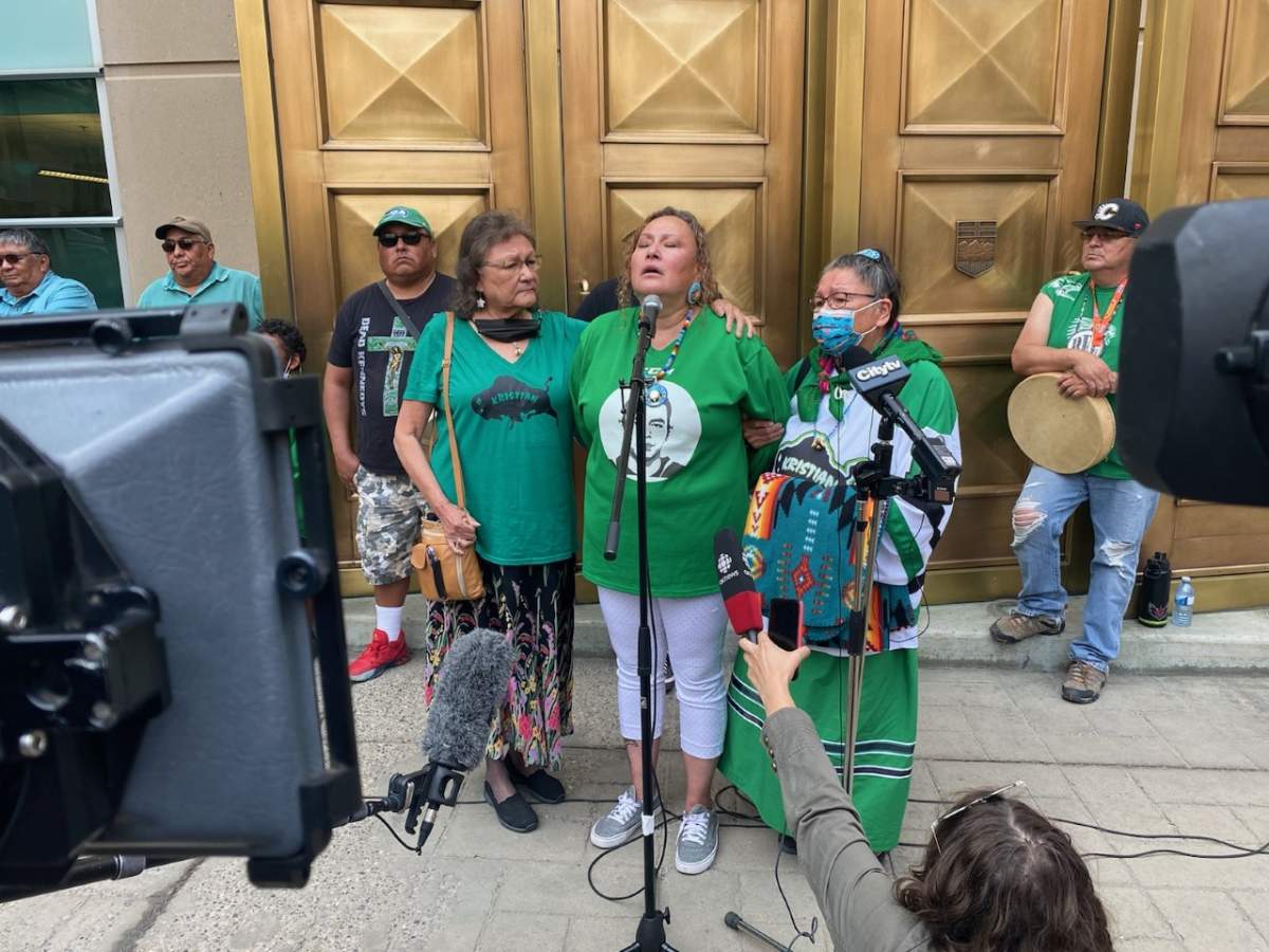 Melodie Ayoungman, Kristian Ayoungman’s mother, gives an emotional speech outside the Calgary Courts Centre after Brandon Giffen’s manslaughter conviction on Monday, July 26, 2021.