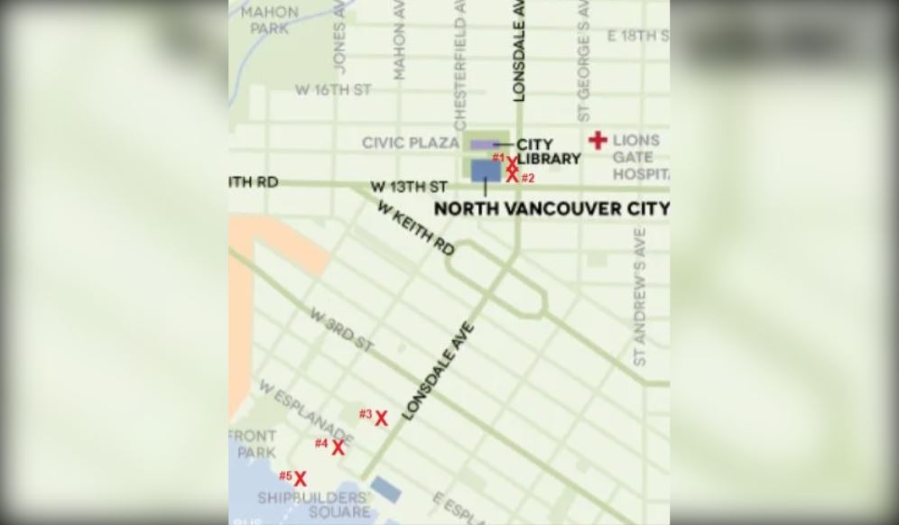 RCMP released a map of the locations of five supsected arsons.