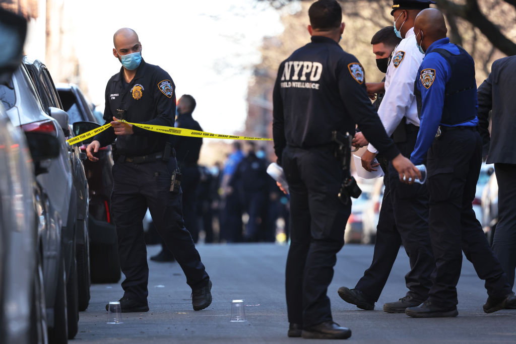 NYPD officers are shown at a crime scene in this file photo from Apr. 6, 2021.