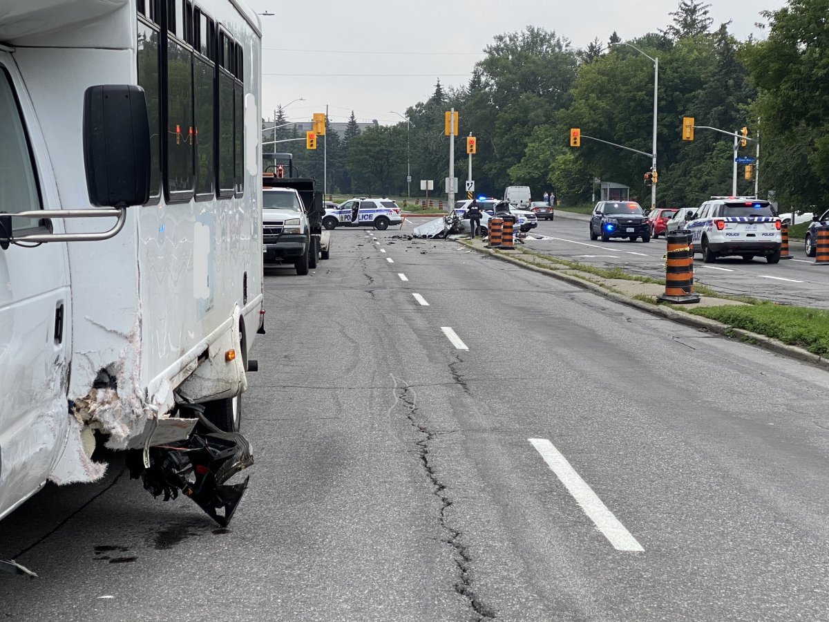 Paramedics say nine people were assessed and one was transported to hospital in critical condition following a Tuesday morning collision on the Vanier Parkway.