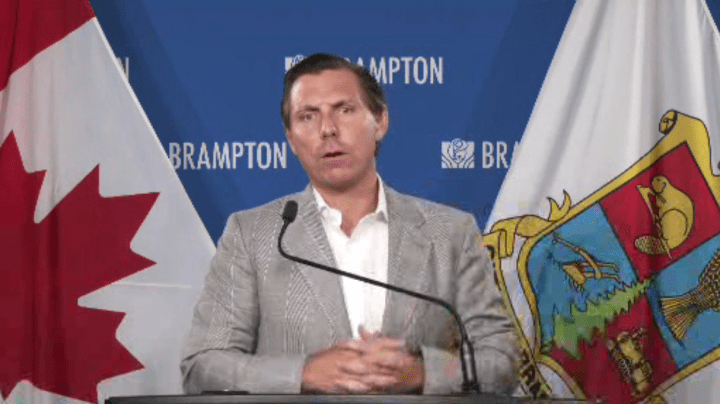 Brampton Mayor Patrick Brown speaks at a press conference on Wednesday, July 7, 2021.