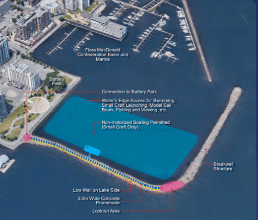 This preliminary view of the Confederation Basin Promenade shows the city plans to install a pathway, benches, lighting, lookout point and swimming area covering the first 240 metres of the breakwall.
