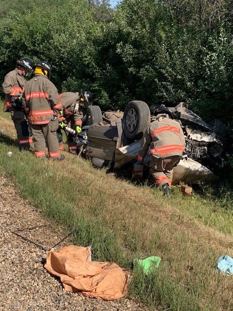 One person is dead after a vehicle rolled over southwest of Saskatoon on Saturday afternoon. 