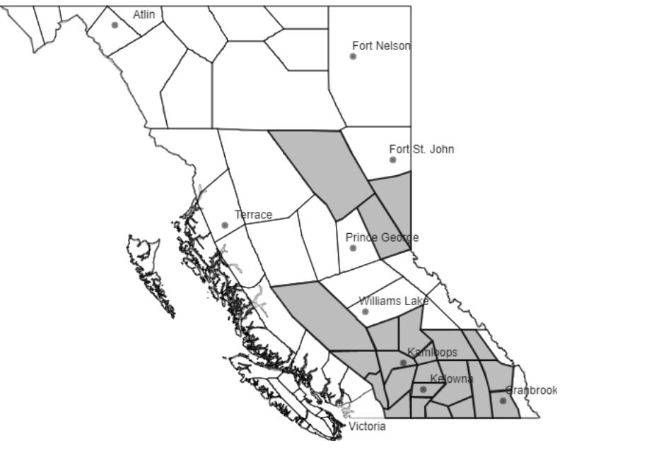 B.C.’s ministry of environment and climate change issued a smoky skies advisory for a large swath of the B.C. Interior and northeast areas of the province on Sunday, July 4,2021.