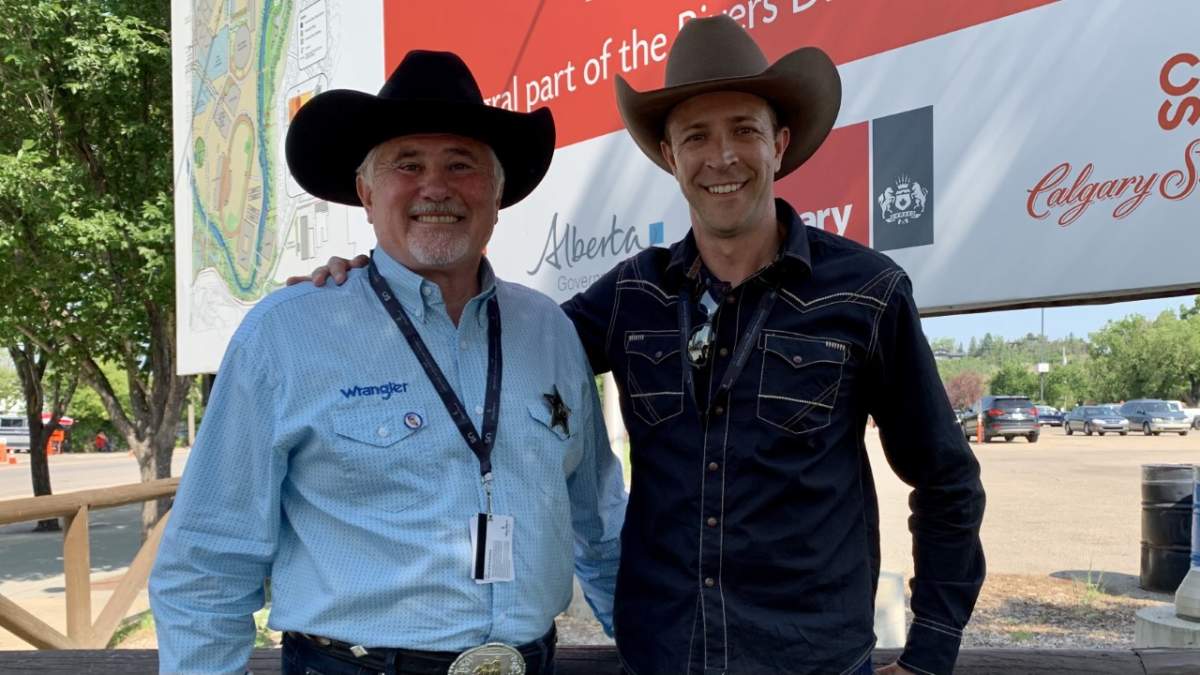 Coun. Ward Sutherland, L, is joining Jeff Davison's mayoral campaign as senior advisor. Sutherland, pictured on July 13, 20201, made the announcement with Davison outside the grounds of the Calgary Stampede.