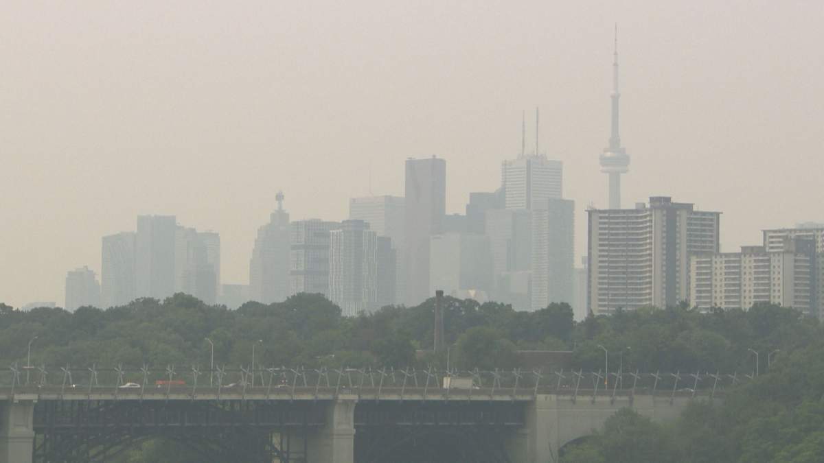 Hazy Toronto skyline.