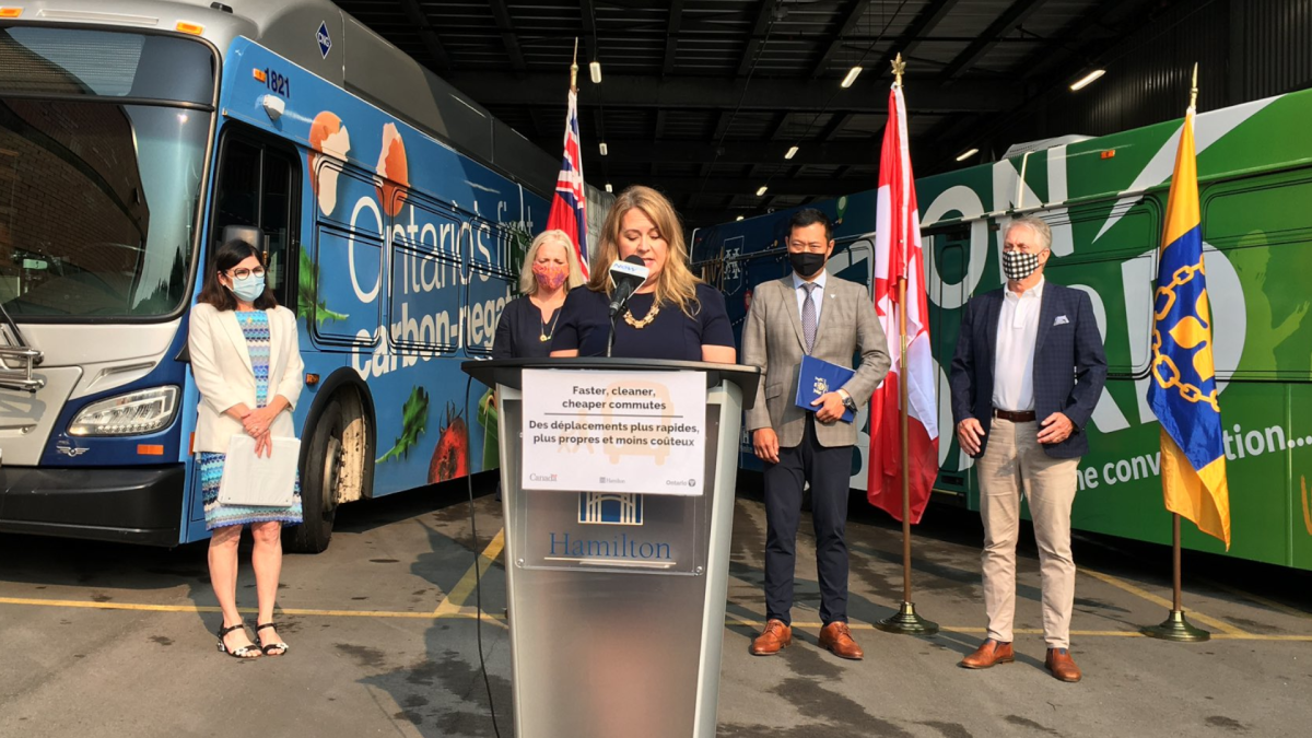 Hamilton transit director speaks Maureen Cosyn Heath at the Mountain Transit Centre on Upper James Street with others from the city, province and federal government revealing a $500-million transit investment.