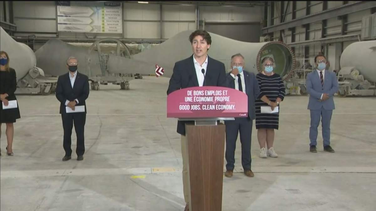 Prime Minister Justin Trudeau speaks to workers of the LM Wind Power plant during a news conference, Wednesday, July 14, 2021 in Gaspe, Que. Trudeau.