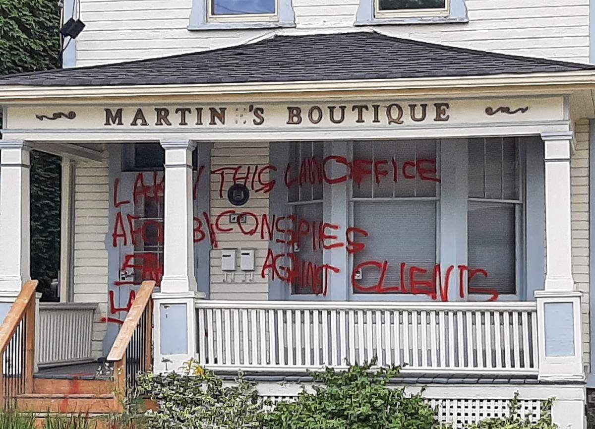 Graffiti as seen on the front of 429 William St.