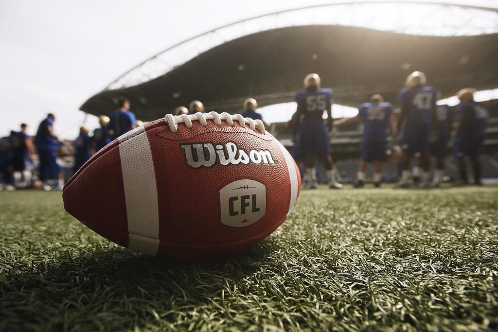 A new CFL ball is photographed at the Winnipeg Blue Bomber stadium in Winnipeg Thursday, May 24, 2018.