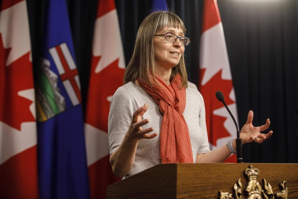 Alberta chief medical officer of health, Dr. Deena Hinshaw, updates media on the COVID-19 situation in Edmonton on March 20, 2020. THE CANADIAN PRESS/Jason Franson.