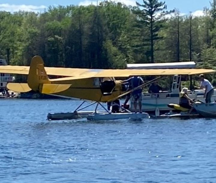 Transport Canada and police are investigating after a couple jumped to safety after a plane hit their canoe on Six Mile Lake in Georgian Bay.