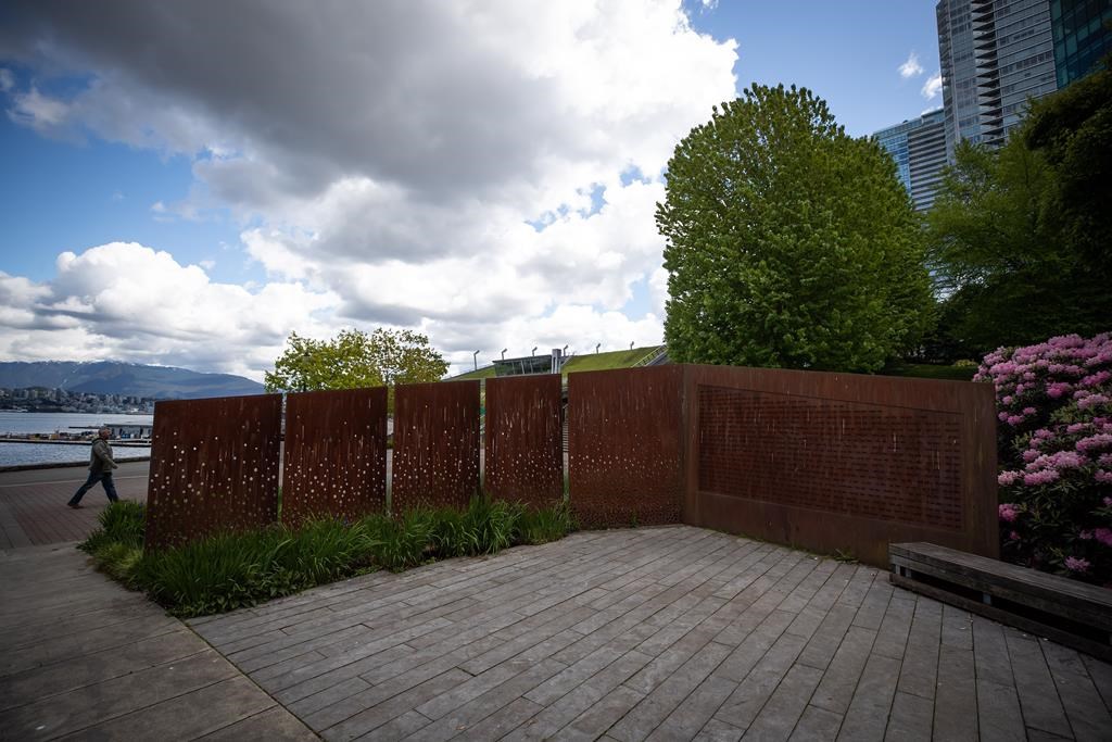 The Komagata Maru monument is seen in downtown Vancouver on Tuesday, May 18, 2021. Police are calling the defacing of the public memorial in Vancouver, which displays the names of those who were on board a ship that was forced to return to India, a possible hate crime.