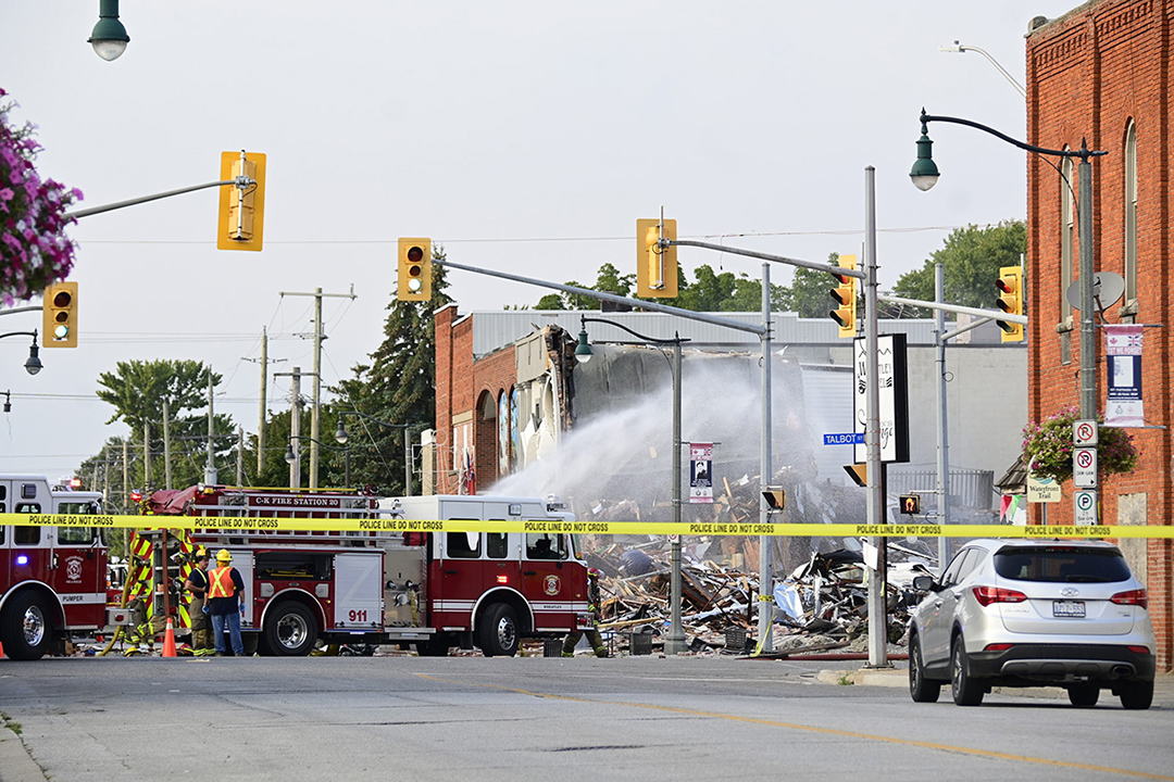 The scene of the explosion in Wheatley, Ont., Aug. 26, 2021.