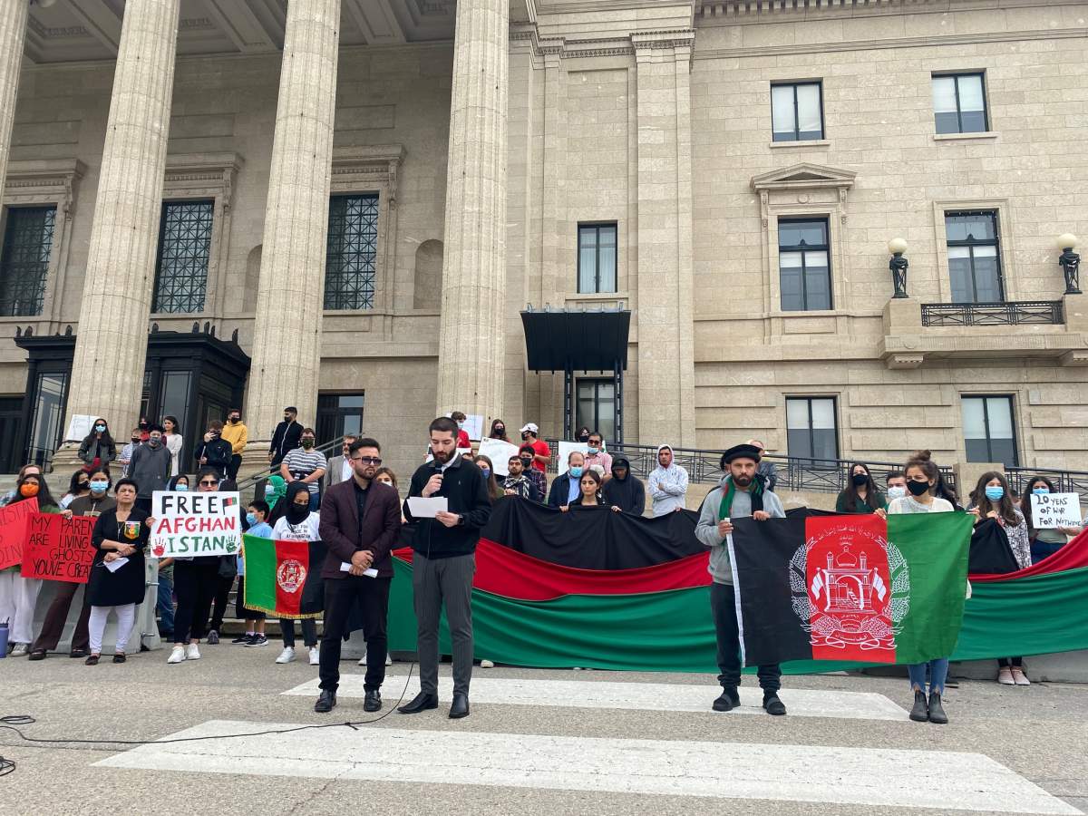Several dozen people took to the steps of the Manitoba legislative building Saturday afternoon to raise awareness of the crisis unfolding in Afghanistan.