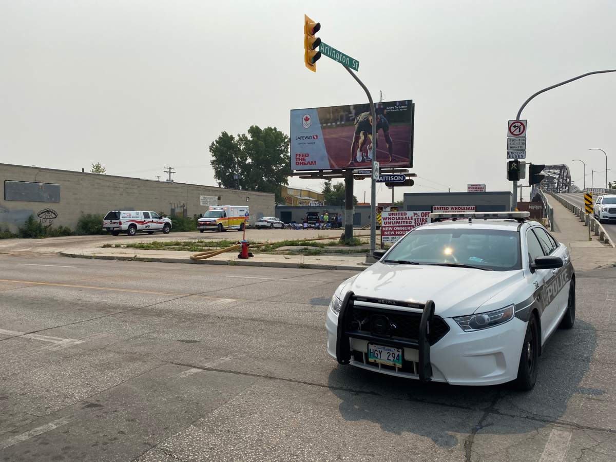 Winnipeg emergency services vehicles blocked traffic on Dufferin Avenue early Monday afternoon, while smoke could be seen coming from a nearby business.
