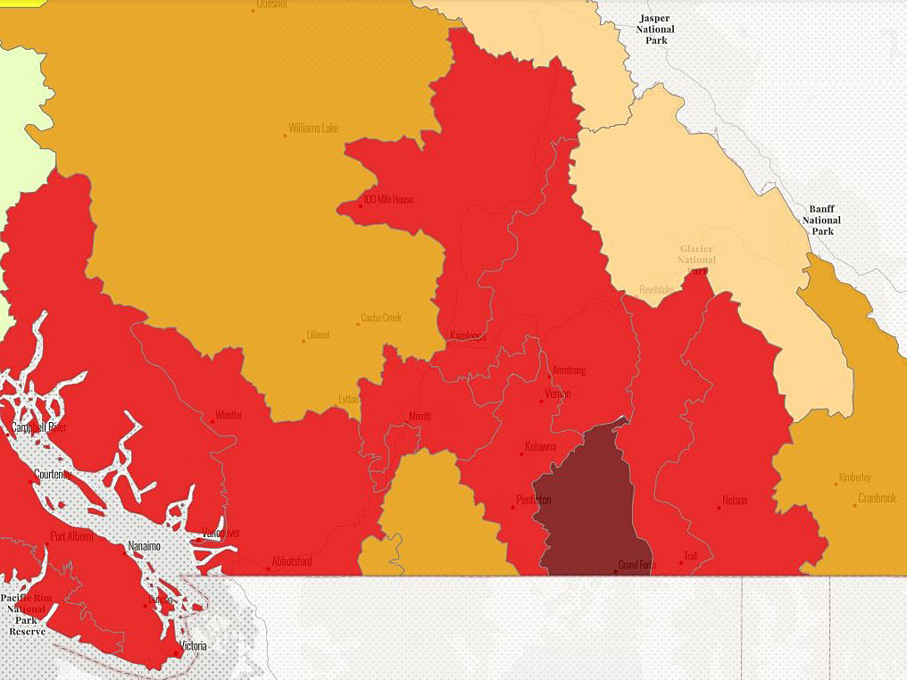 A map showing drought levels across B.C., including the Okanagan region in dark red.