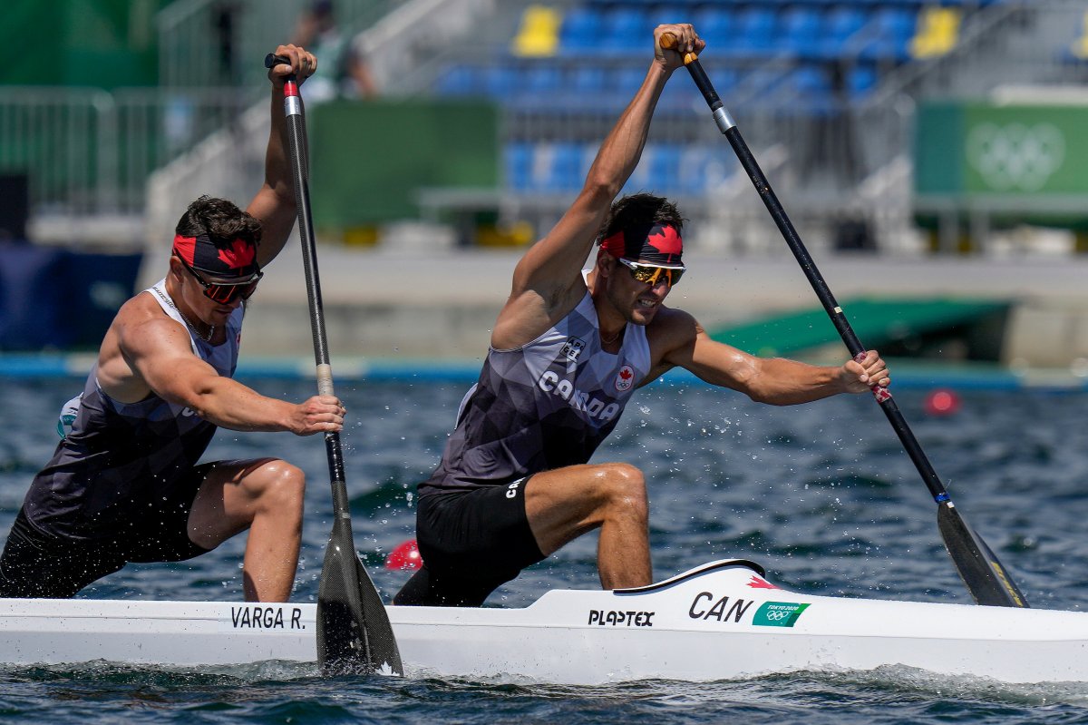 Roland Varga and Connor Fitzpatrick of Canada compete in the men’s canoe double 1000m semifinal at the 2020 Summer Olympics, Tuesday, Aug. 3, 2021, in Tokyo, Japan.