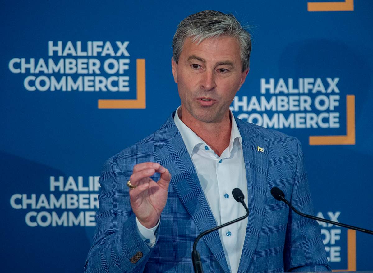 Progressive Conservative leader Tim Houston fields a question at a Halifax Chamber of Commerce pre-election event in Halifax on Wednesday, Aug. 4, 2021.