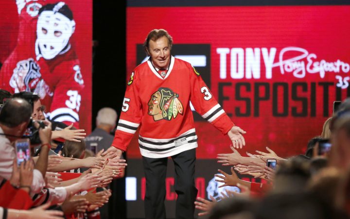  In this July 15, 2016, file photo, Chicago Blackhawks great Tony Esposito is introduced to the fans during the Blackhawks' convention in Chicago.