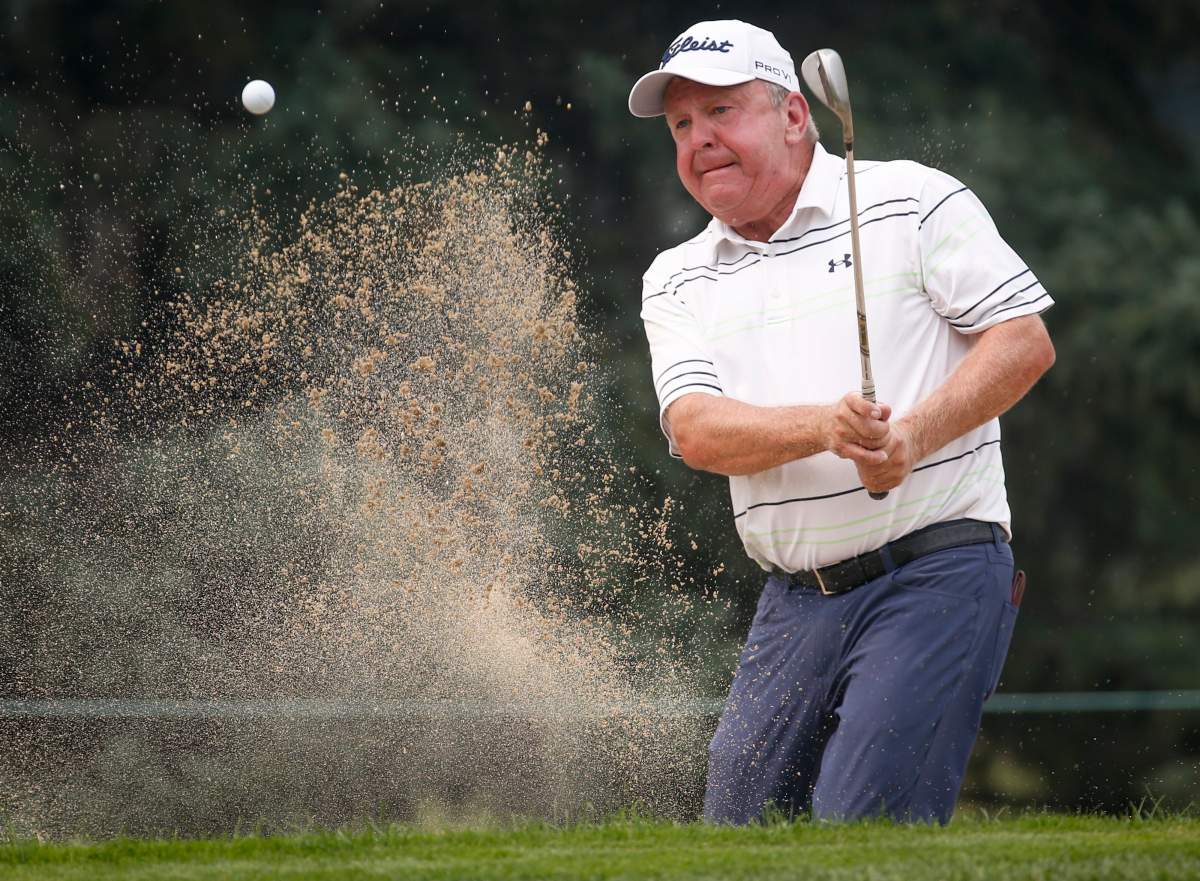 Billy Mayfair, of the United States, hits from a sand trap during the PGA Tour Champion’s Shaw Charity Classic golf event in Calgary, Alta., Sunday, Aug. 15, 2021.